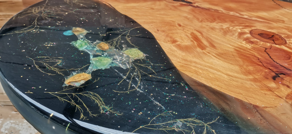 Large round epoxy table macrocarpa cosmic